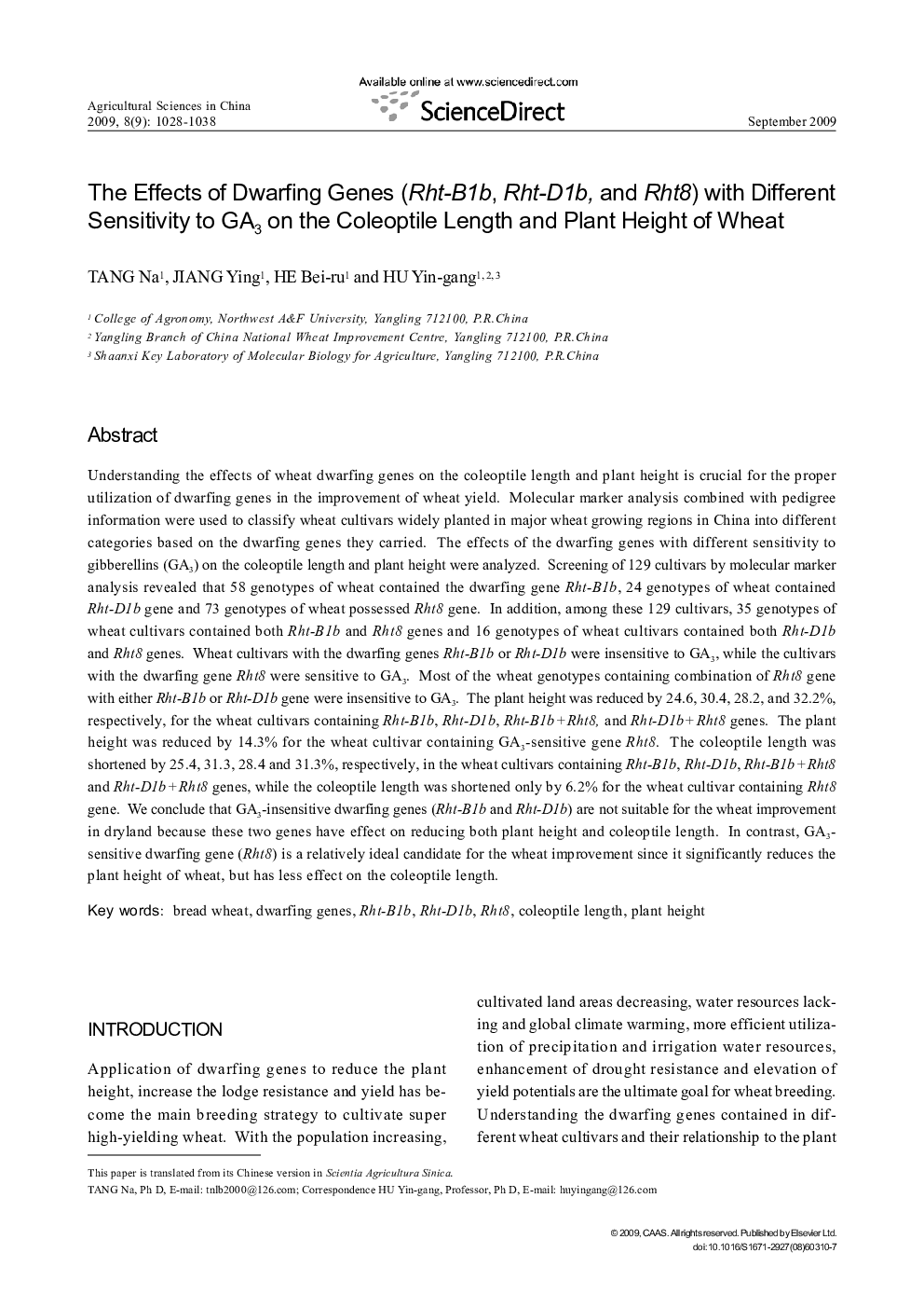 The Effects of Dwarfing Genes (Rht-B1b, Rht-D1b, and Rht8) with Different Sensitivity to GA3 on the Coleoptile Length and Plant Height of Wheat 