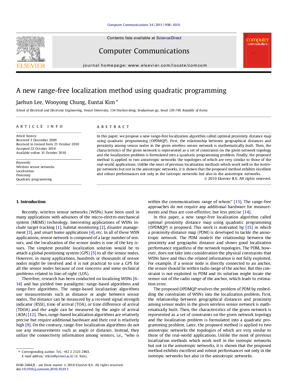 A new range-free localization method using quadratic programming