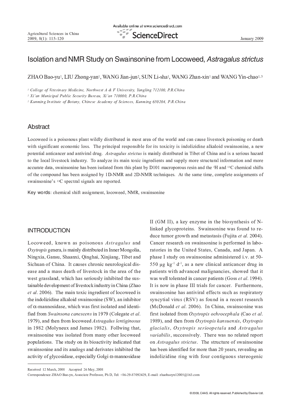 Isolation and NMR Study on Swainsonine from Locoweed, Astragalus strictus