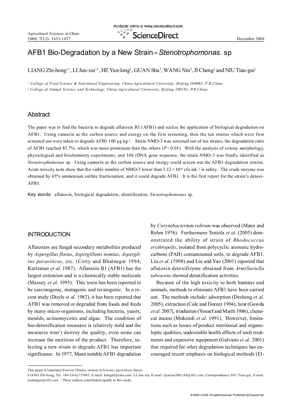 AFB1 Bio-Degradation by a New Strain - Stenotrophomonas. sp 