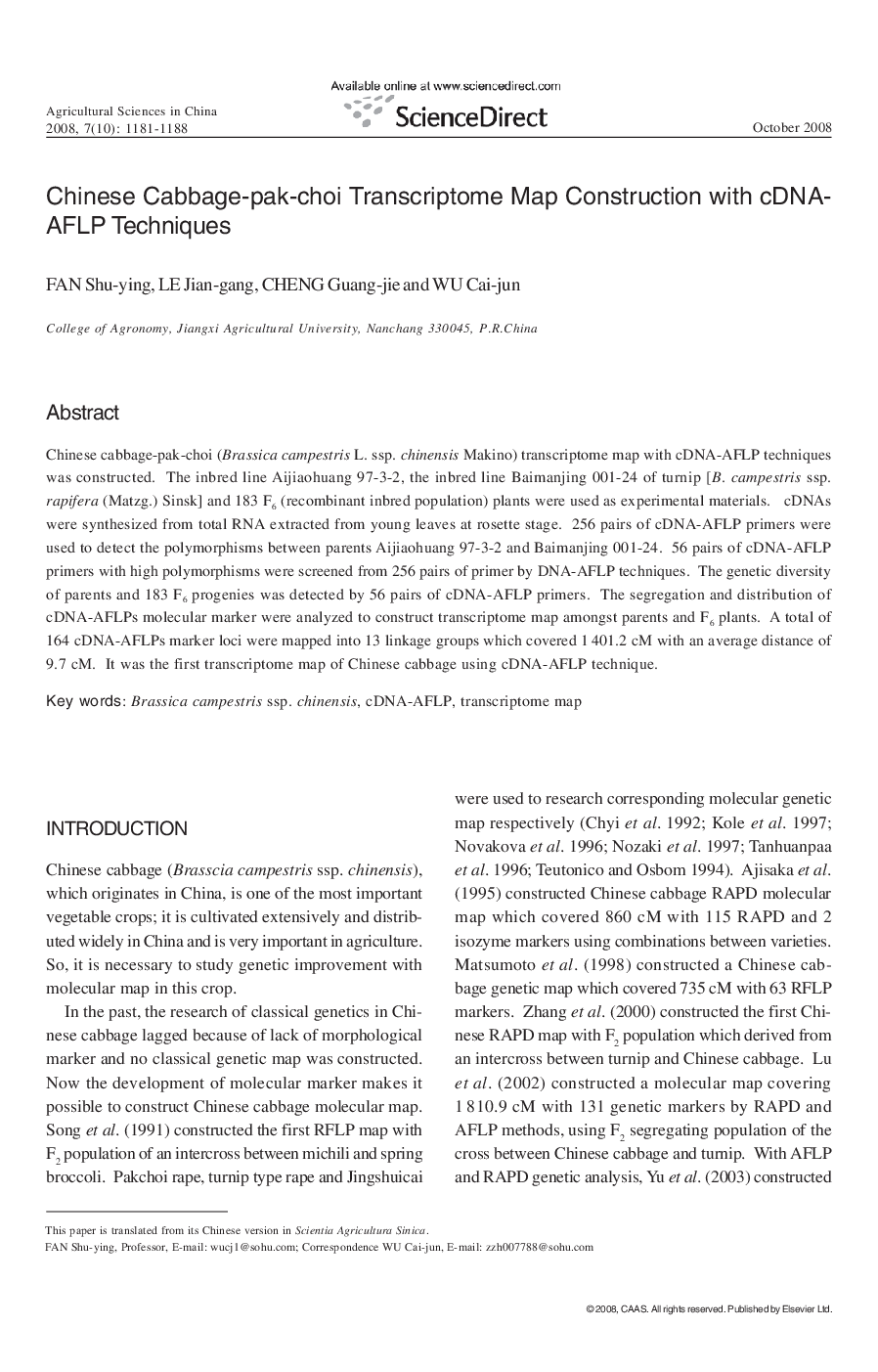 Chinese Cabbage-pak-choi Transcriptome Map Construction with cDNAAFLP Techniques 