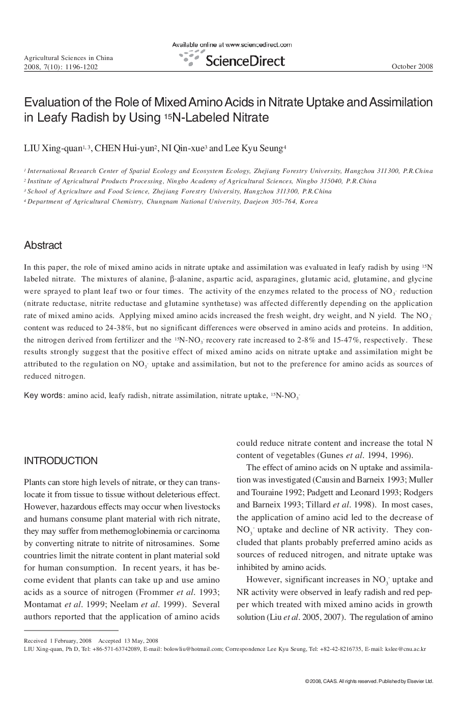 Evaluation of the Role of Mixed Amino Acids in Nitrate Uptake and Assimilation in Leafy Radish by Using 15N-Labeled Nitrate