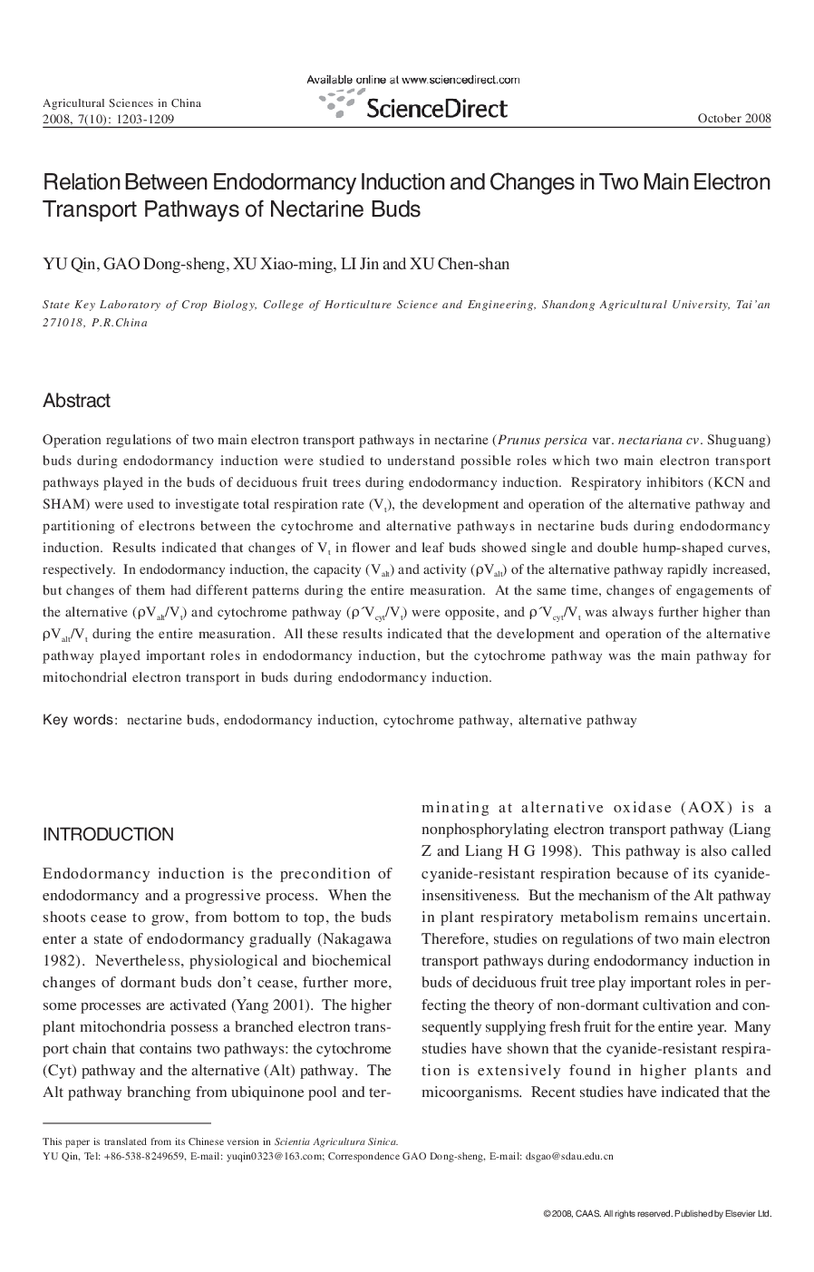 Relation Between Endodormancy Induction and Changes in Two Main Electron Transport Pathways of Nectarine Buds 