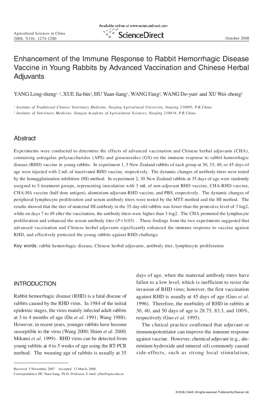 Enhancement of the Immune Response to Rabbit Hemorrhagic Disease Vaccine in Young Rabbits by Advanced Vaccination and Chinese Herbal Adjuvants