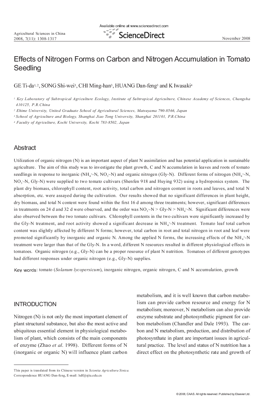 Effects of Nitrogen Forms on Carbon and Nitrogen Accumulation in Tomato Seedling 