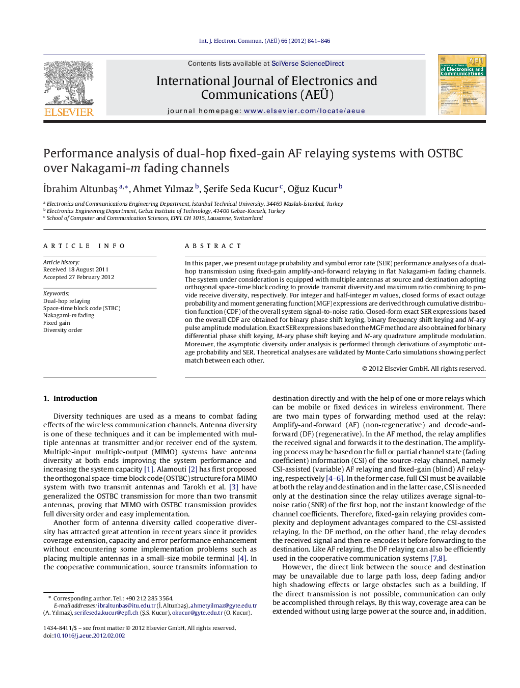 Performance analysis of dual-hop fixed-gain AF relaying systems with OSTBC over Nakagami-m fading channels