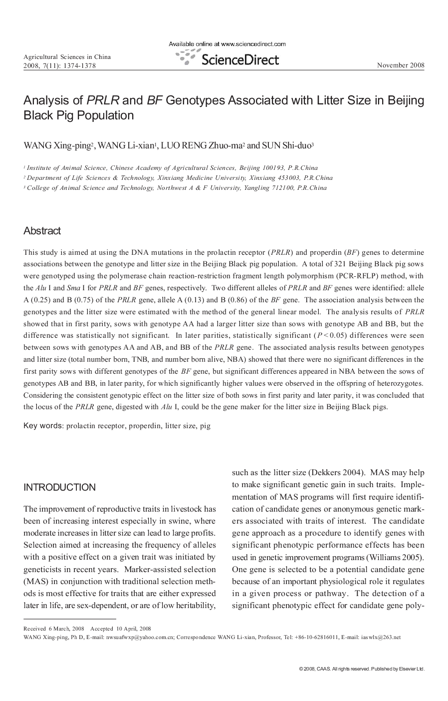 Analysis of PRLR and BF Genotypes Associated with Litter Size in Beijing Black Pig Population