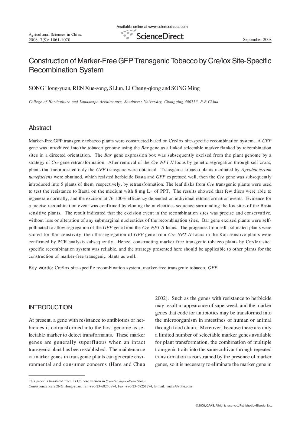 Construction of Marker-Free GFP Transgenic Tobacco by Cre/lox Site-Specific Recombination System 