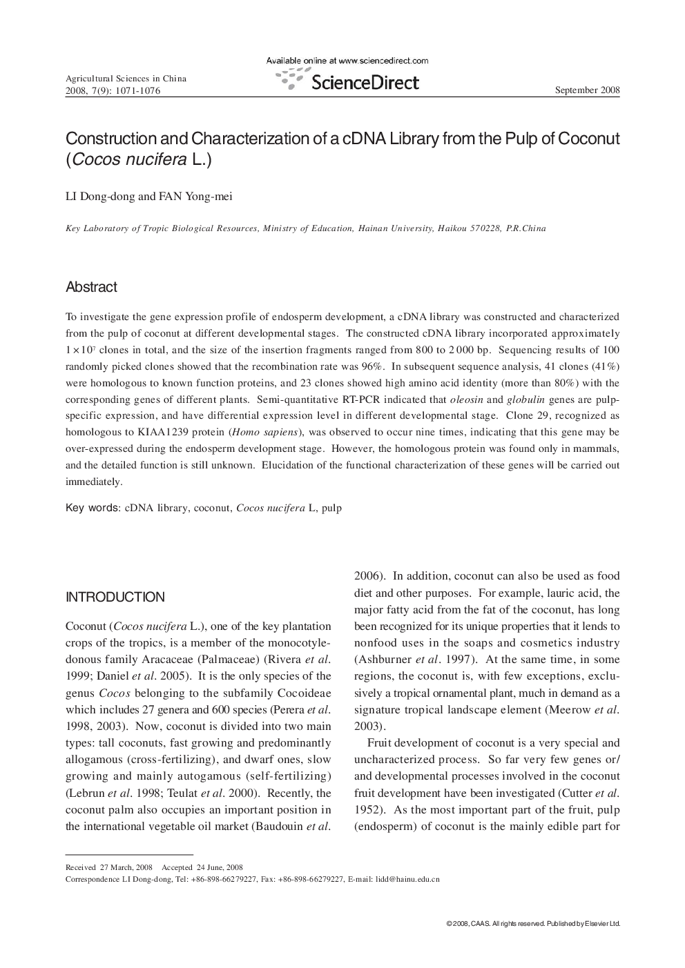 Construction and Characterization of a cDNA Library from the Pulp of Coconut (Cocos nucifera L.)