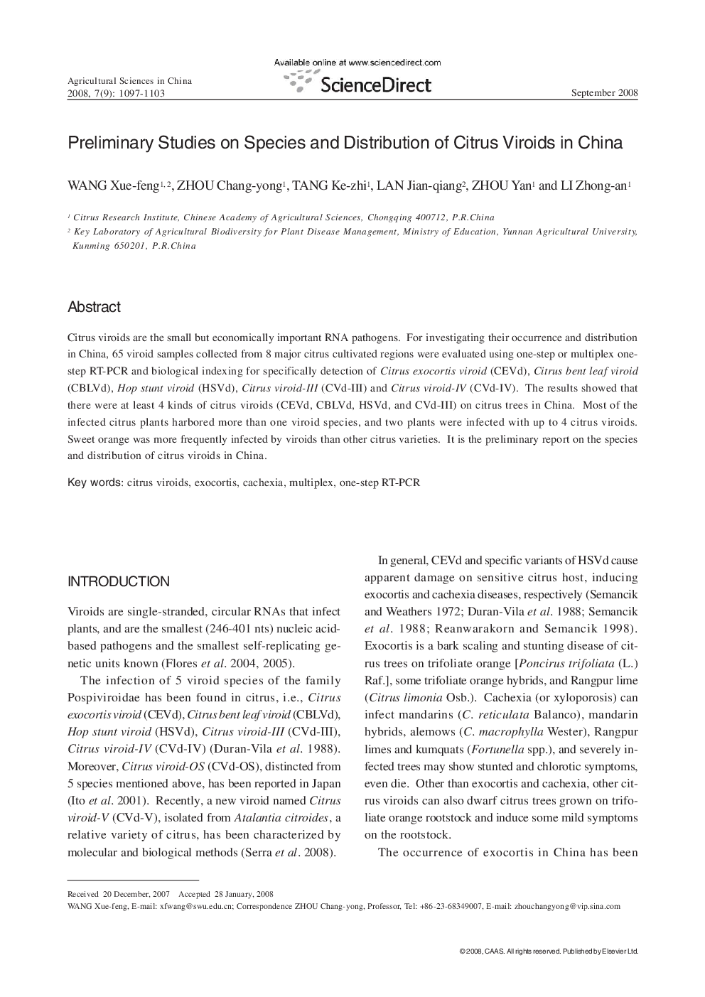 Preliminary Studies on Species and Distribution of Citrus Viroids in China