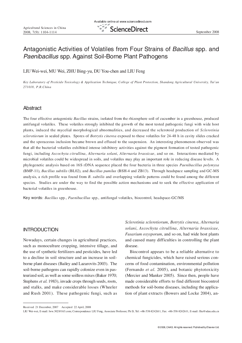 Antagonistic Activities of Volatiles from Four Strains of Bacillus spp. and Paenibacillus spp. Against Soil-Borne Plant Pathogens