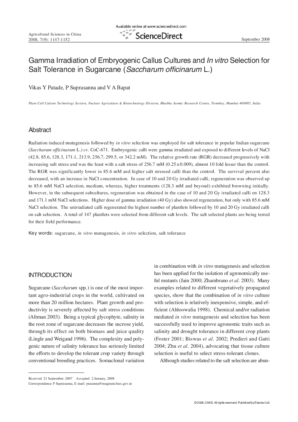 Gamma Irradiation of Embryogenic Callus Cultures and In vitro Selection for Salt Tolerance in Sugarcane (Saccharum officinarum L.)