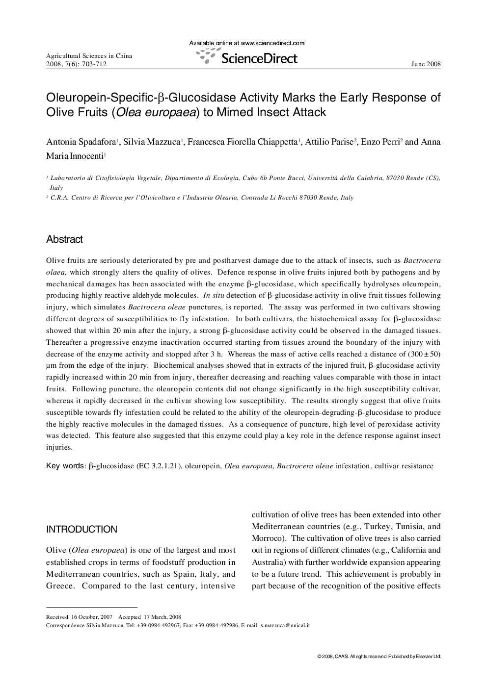 Oleuropein-Specific-β-Glucosidase Activity Marks the Early Response of Olive Fruits (Olea europaea) to Mimed Insect Attack