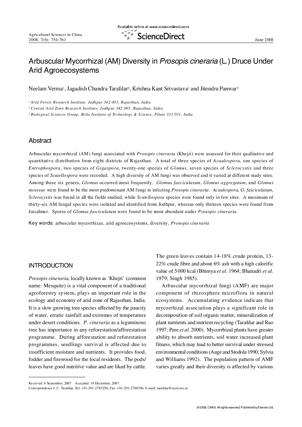 Arbuscular Mycorrhizal (AM) Diversity in Prosopis cineraria (L.) Druce Under Arid Agroecosystems