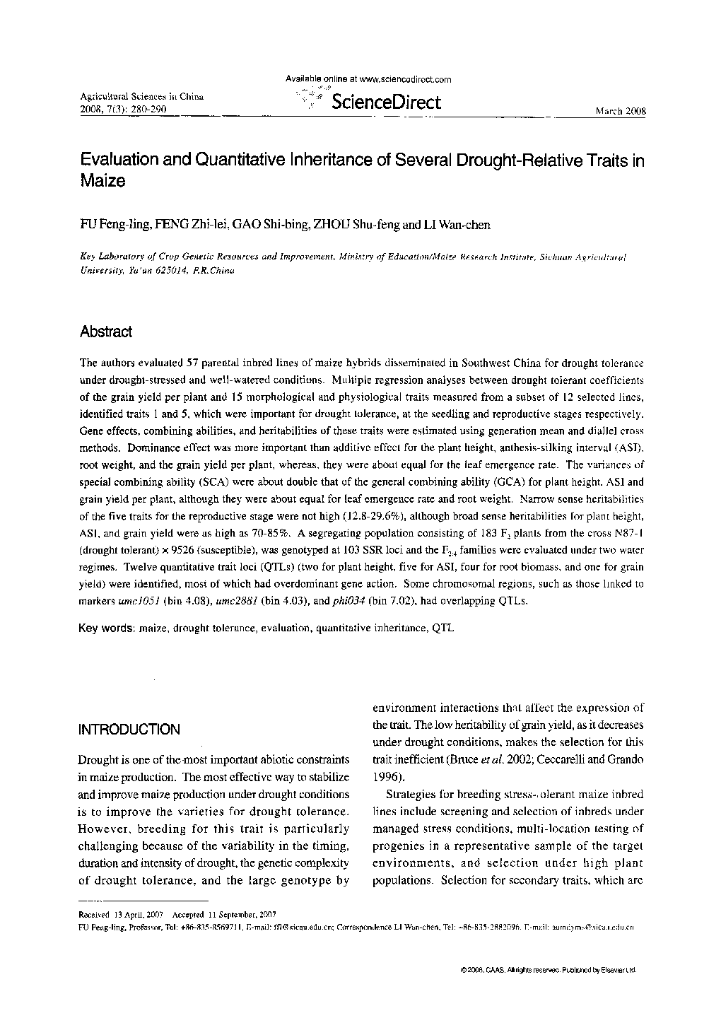 Evaluation and Quantitative Inheritance of Several Drought-Relative Traits in Maize