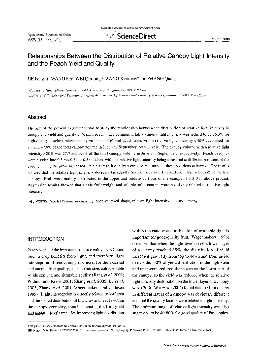 Relationships Between the Distribution of Relative Canopy Light Intensity and the Peach Yield and Quality 