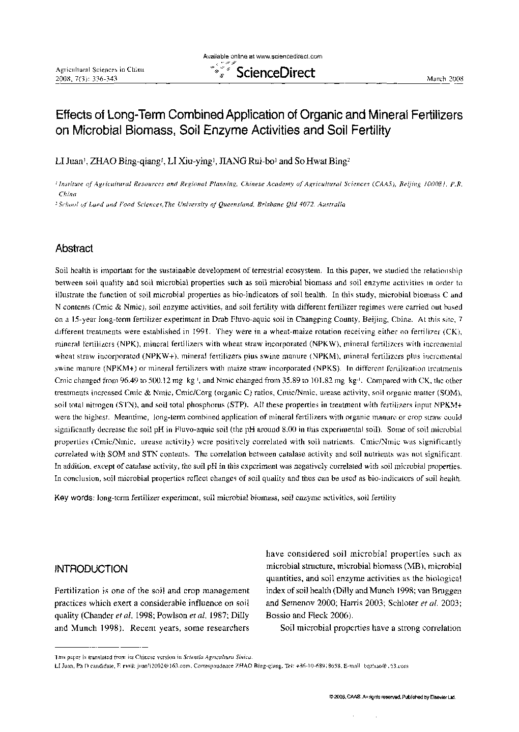 Effects of Long-Term Combined Application of Organic and Mineral Fertilizers on Microbial Biomass, Soil Enzyme Activities and Soil Fertility 