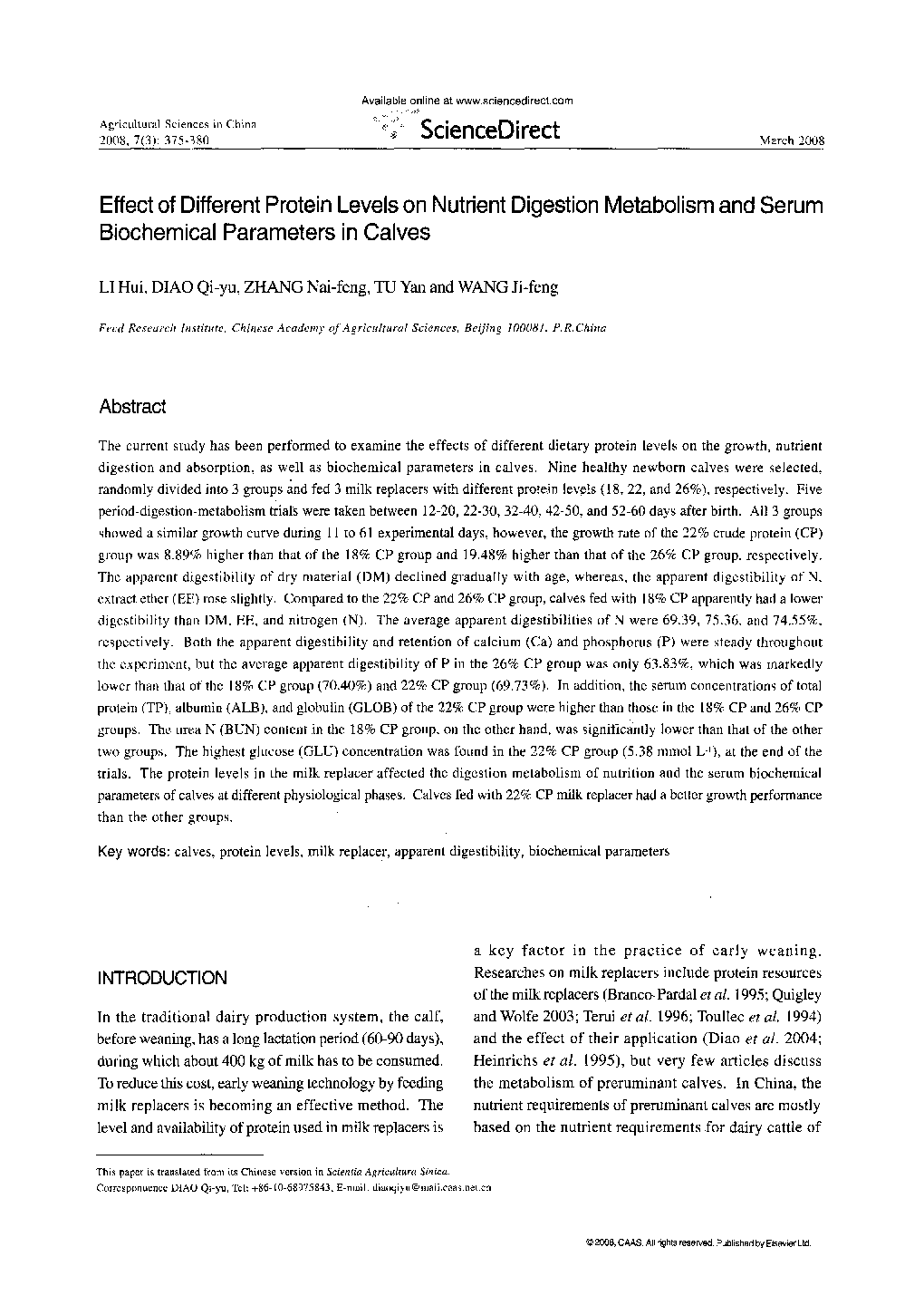 Effect of Different Protein Levels on Nutrient Digestion Metabolism and Serum Biochemical Parameters in Calves 