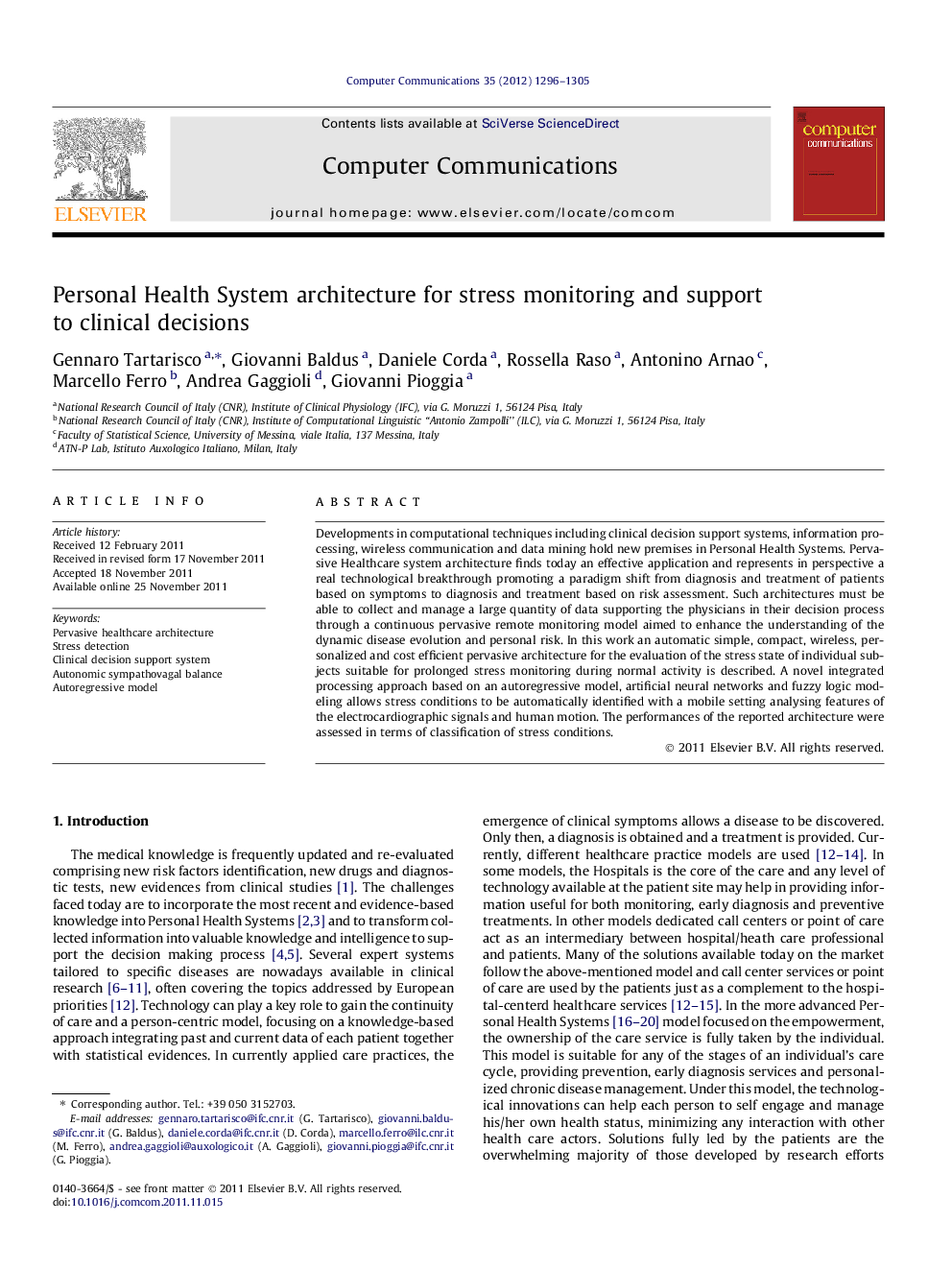 Personal Health System architecture for stress monitoring and support to clinical decisions