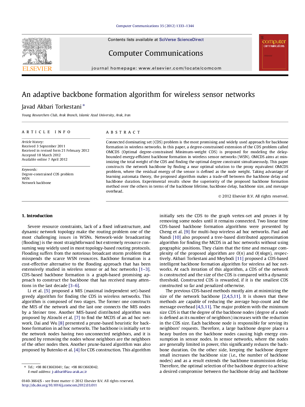 An adaptive backbone formation algorithm for wireless sensor networks