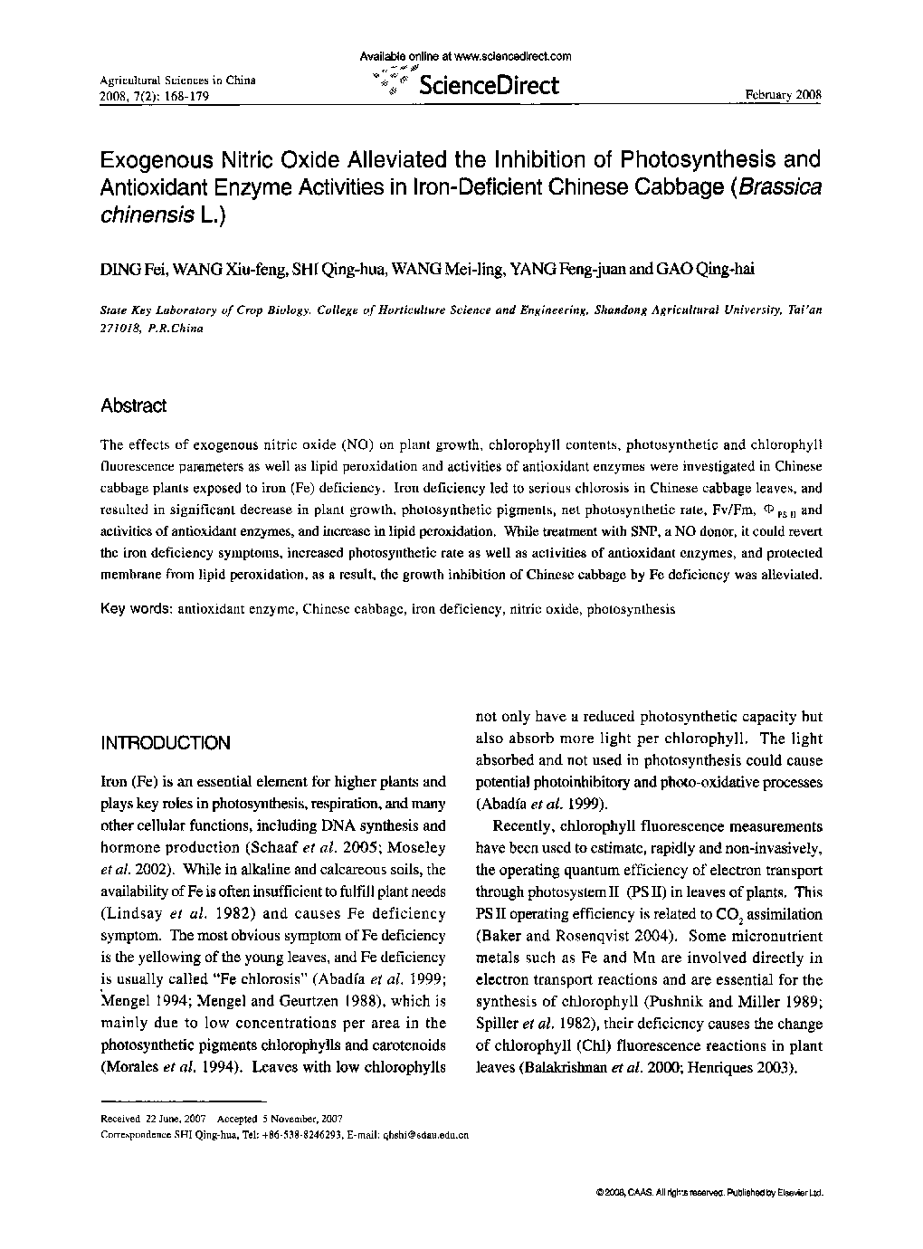 Exogenous Nitric Oxide Alleviated the Inhibition of Photosynthesis and Antioxidant Enzyme Activities in Iron-Deficient Chinese Cabbage (Brassica chinensis L.)