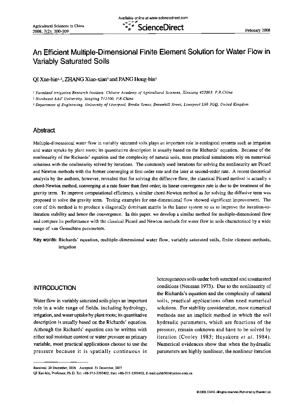 An Efficient Multiple-Dimensional Finite Element Solution for Water Flow in Variably Saturated Soils