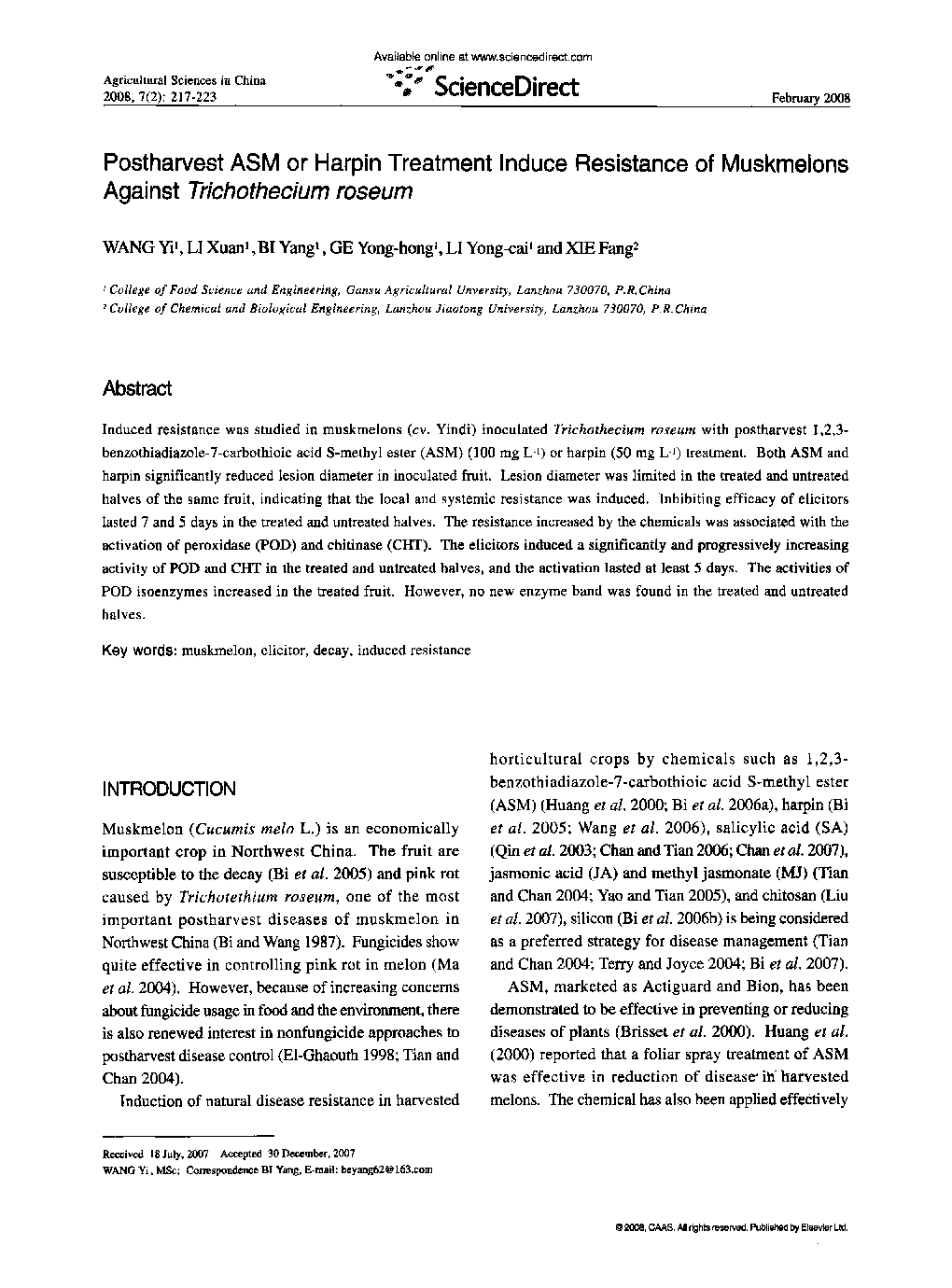 Postharvest ASM or Harpin Treatment Induce Resistance of Muskmelons Against Trichothecium roseum