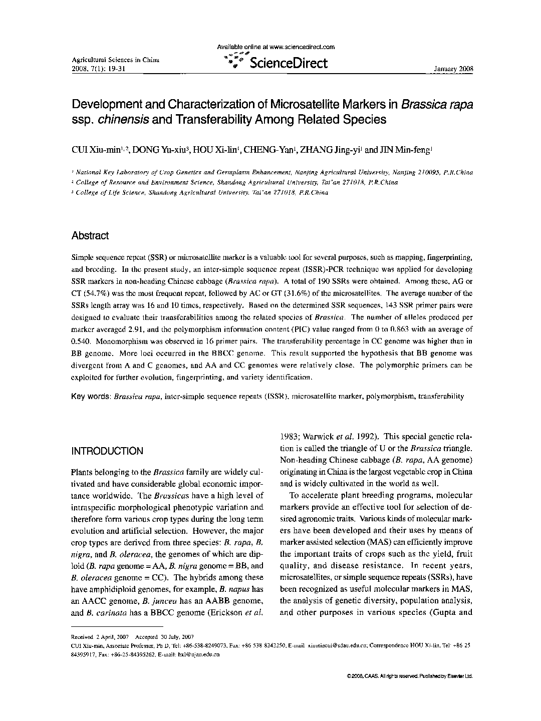 Development and Characterization of Microsatellite Markers in Brassica rapa ssp. chinensis and Transferability Among Related Species 