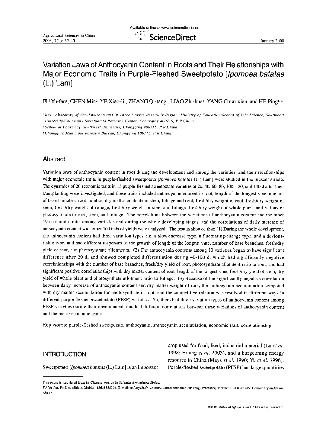 Variation Laws of Anthocyanin Content in Roots and Their Relationships with Major Economic Traits in Purple-Fleshed Sweetpotato [Ipomoea batatas (L.) Lam] 