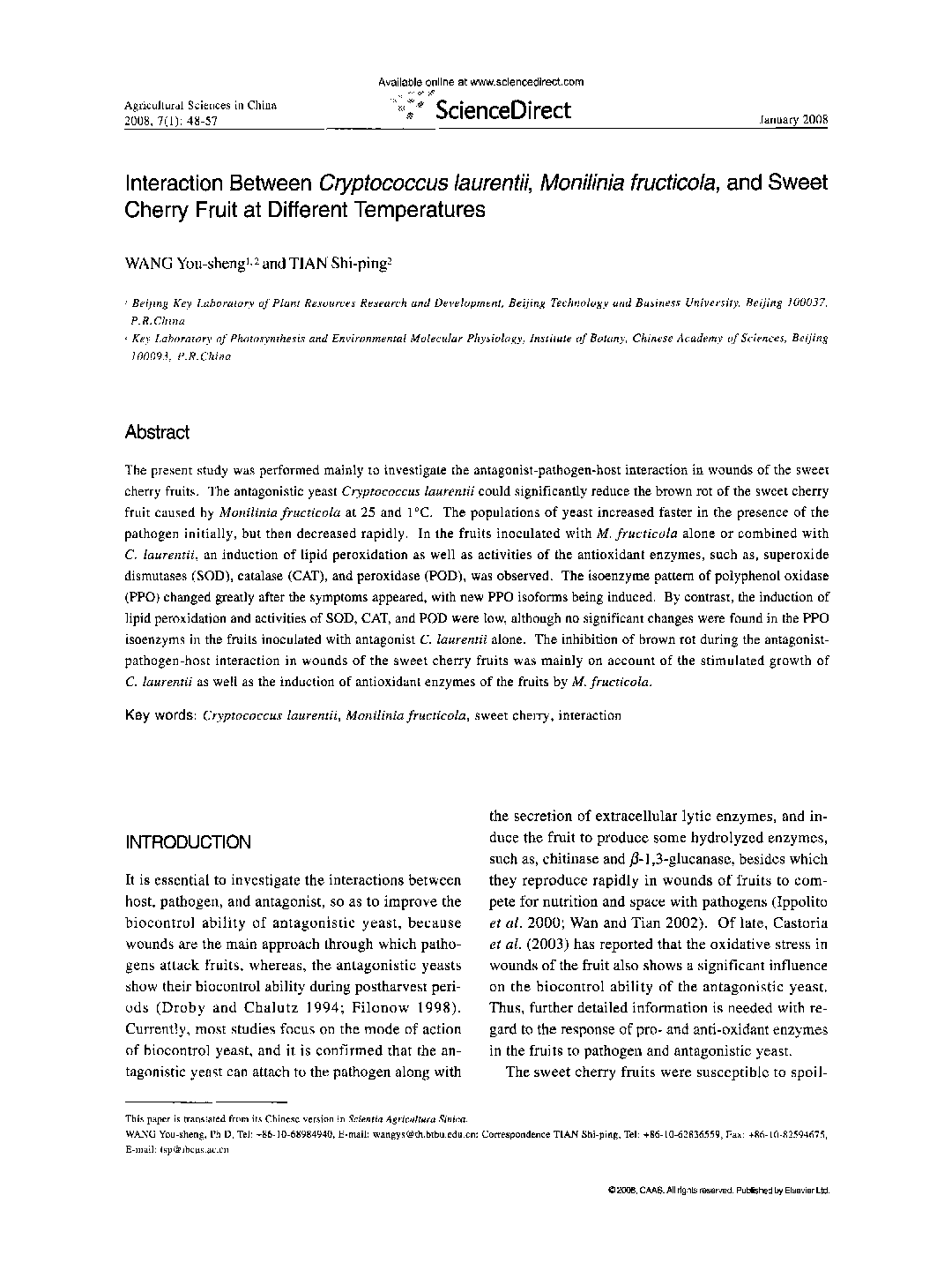 Interaction Between Cryptococcus laurentii, Monilinia fructicola, and Sweet Cherry Fruit at Different Temperatures 