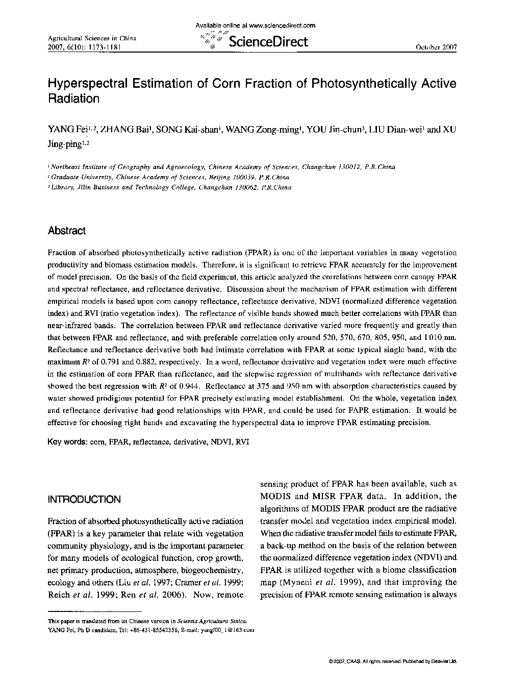 Hyperspectral Estimation of Corn Fraction of Photosynthetically Active Radiation 