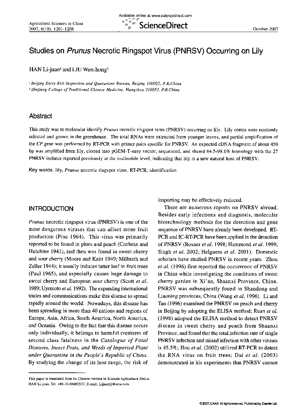 Studies on Prunus Necrotic Ringspot Virus (PNRSV) Occurring on Lily 