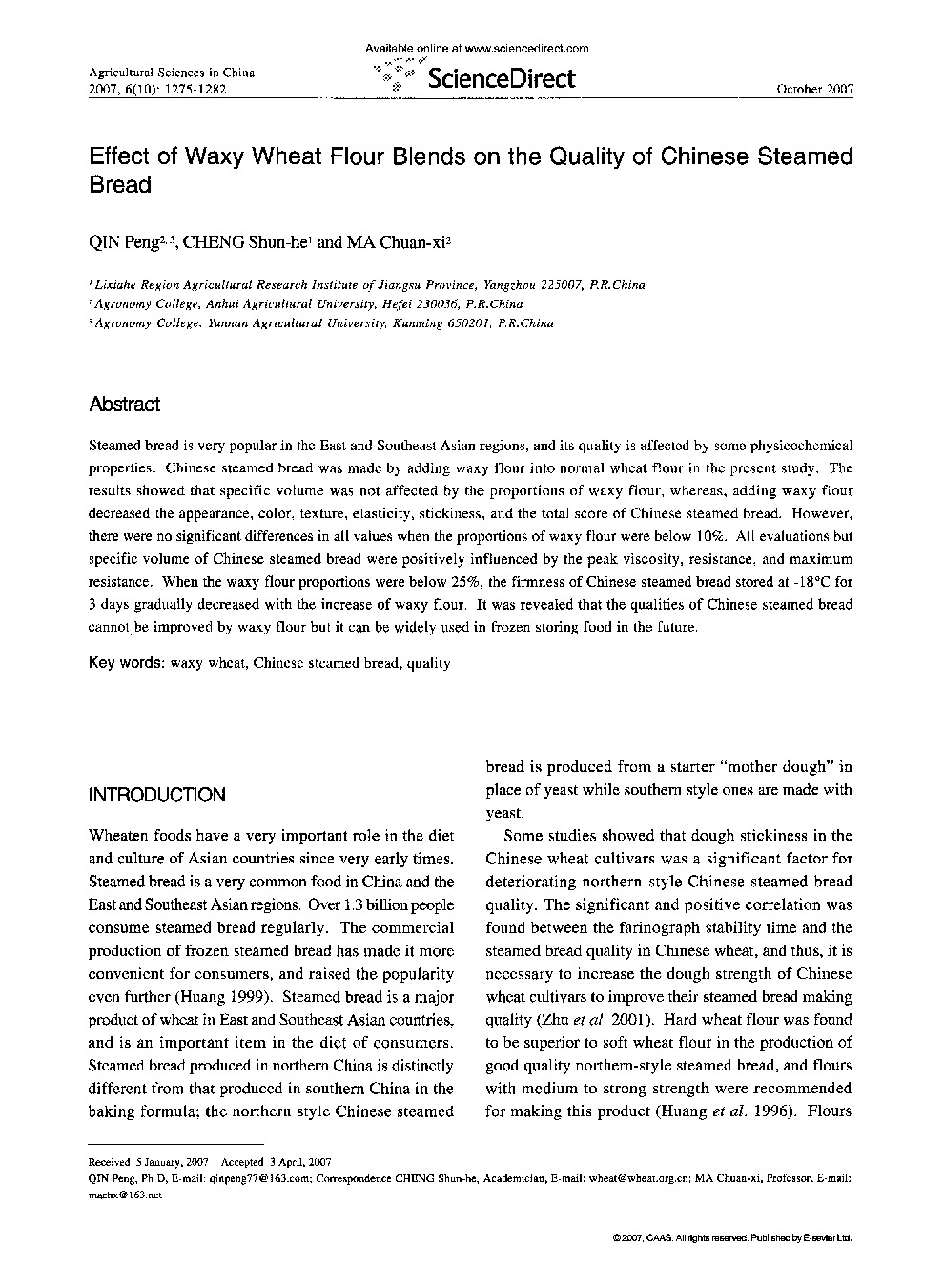 Effect of Waxy Wheat Flour Blends on the Quality of Chinese Steamed Bread