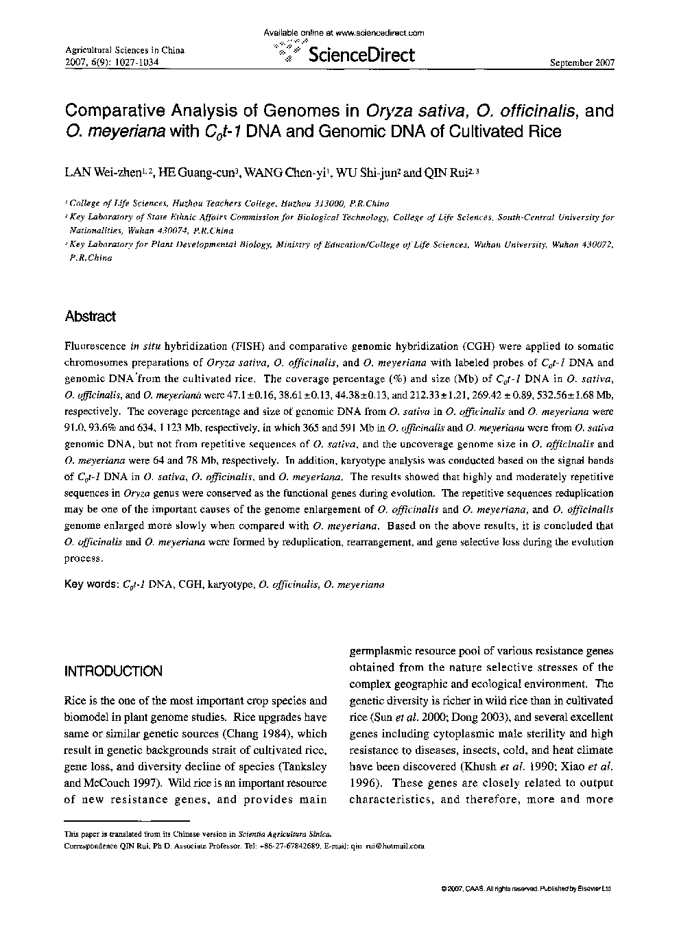 Comparative Analysis of Genomes in Oryza sativa, O. officinalis, and O. meyeriana, with C0t-1 DNA and Genomic DNA of Cultivated Rice 