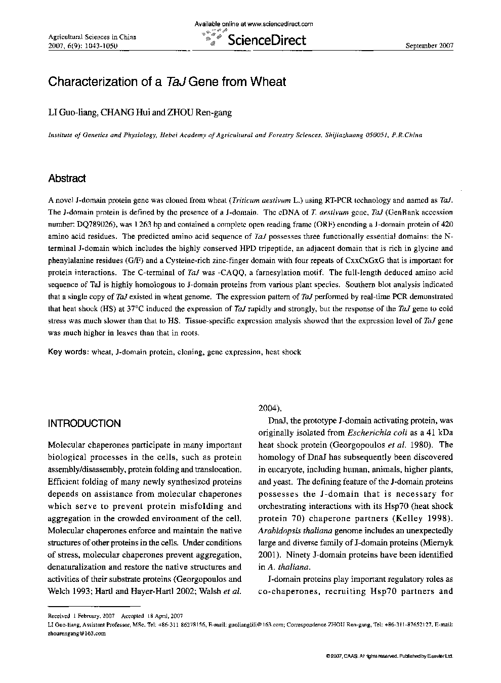 Characterization of a TaJ Gene from Wheat