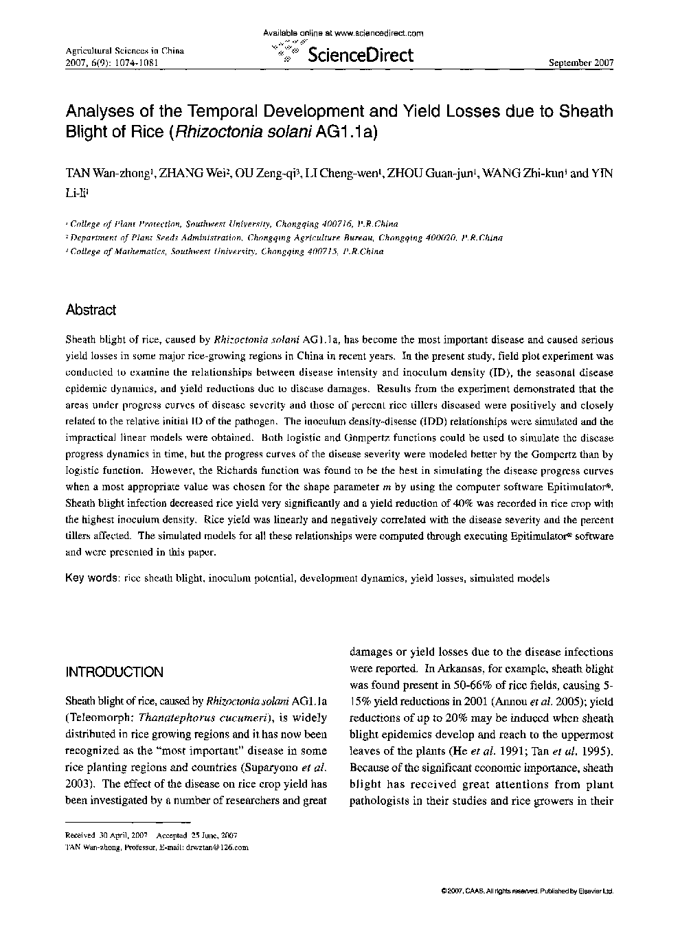 Analyses of the Temporal Development and Yield Losses due to Sheath Blight of Rice (Rhizoctonia solani AG1.1a)