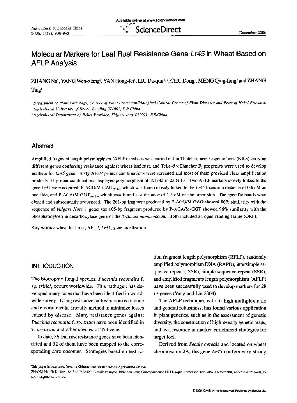 Molecular Markers for Leaf Rust Resistance Gene Lr45 in Wheat Based on AFLP Analysis 