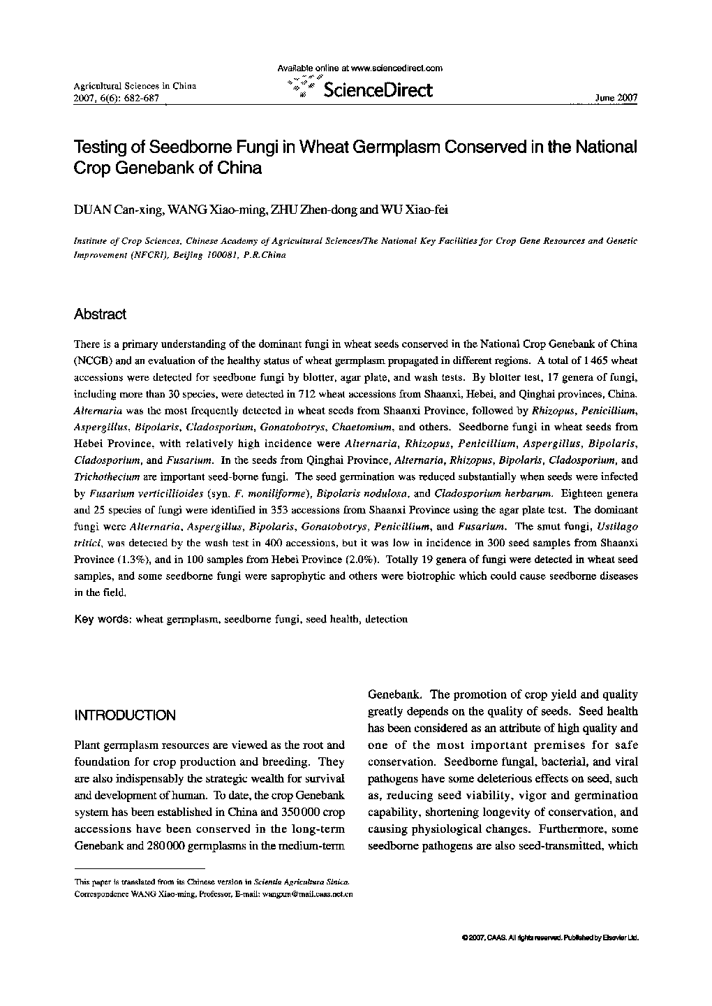 Testing of Seedborne Fungi in Wheat Germplasm Conserved in the National Crop Genebank of China 