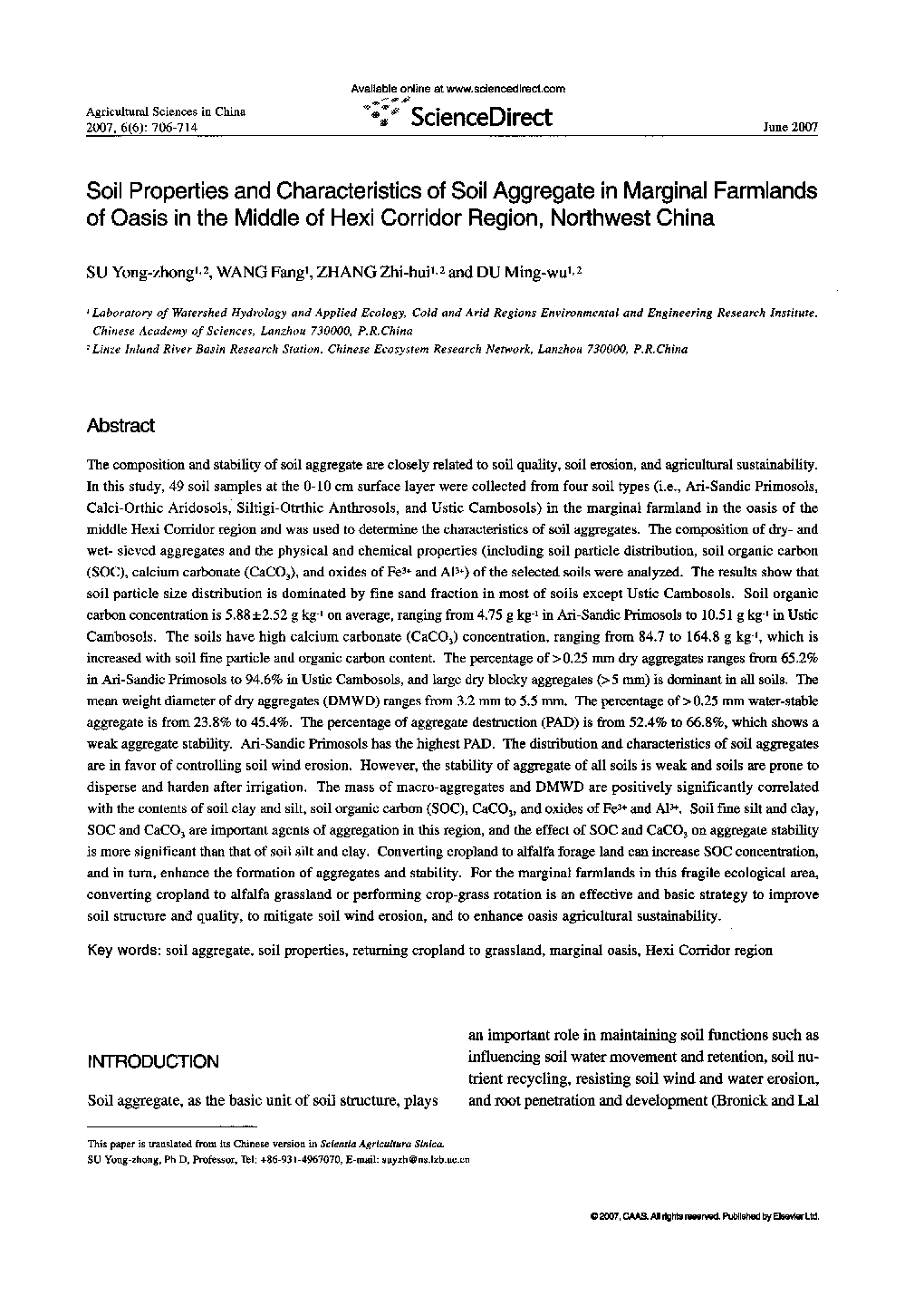 Soil Properties and Characteristics of Soil Aggregate in Marginal Farmlands of Oasis in the Middle of Hexi Corridor Region, Northwest China 