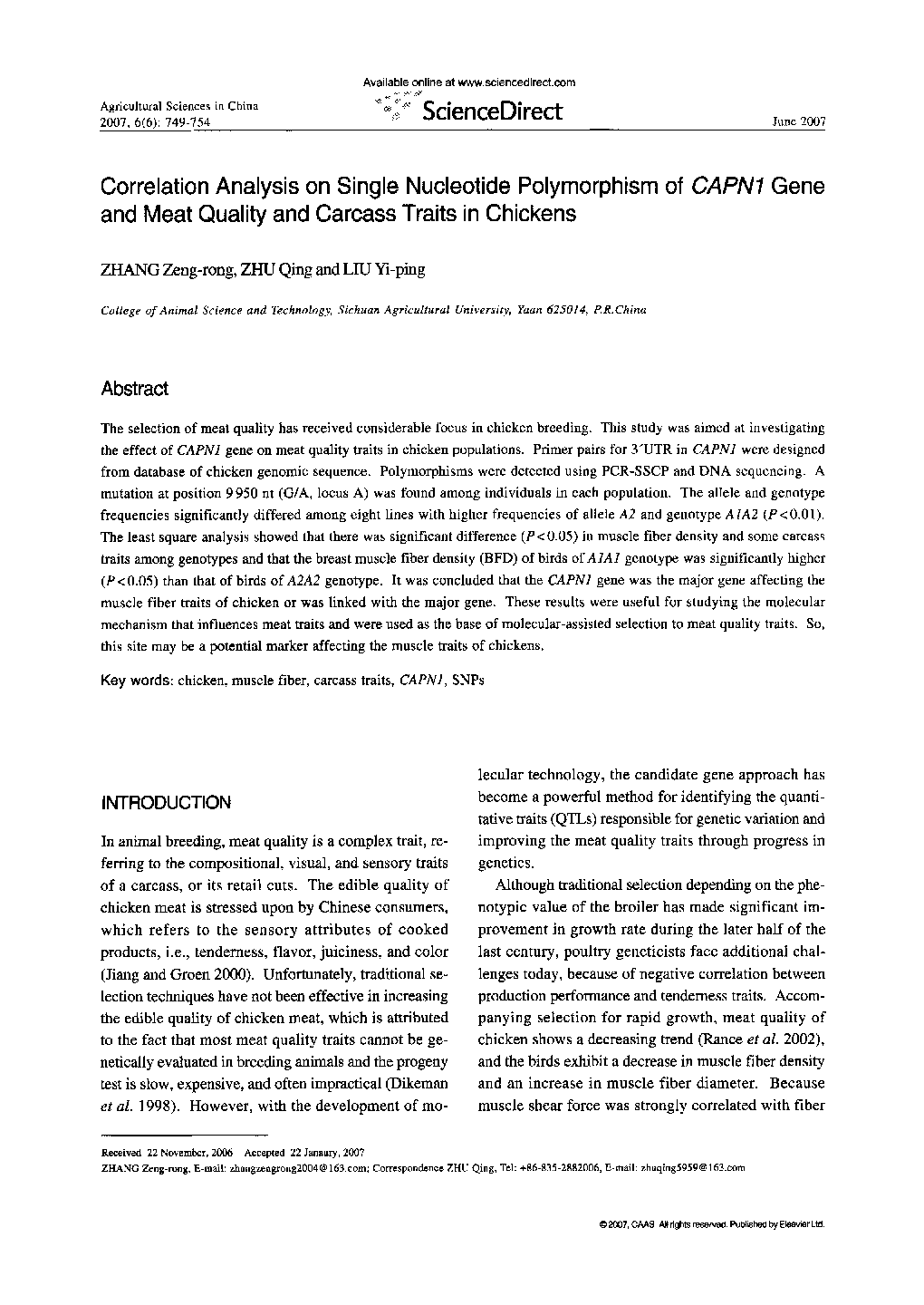 Correlation Analysis on Single Nucleotide Polymorphism of CAPN1 Gene and Meat Quality and Carcass Traits in Chickens