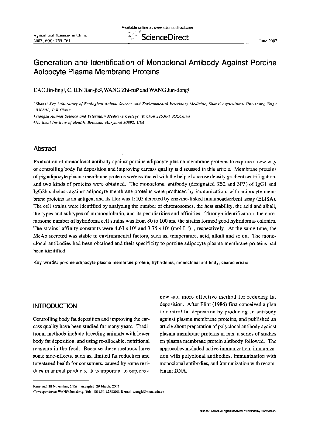 Generation and Identification of Monoclonal Antibody Against Porcine Adipocyte Plasma Membrane Proteins