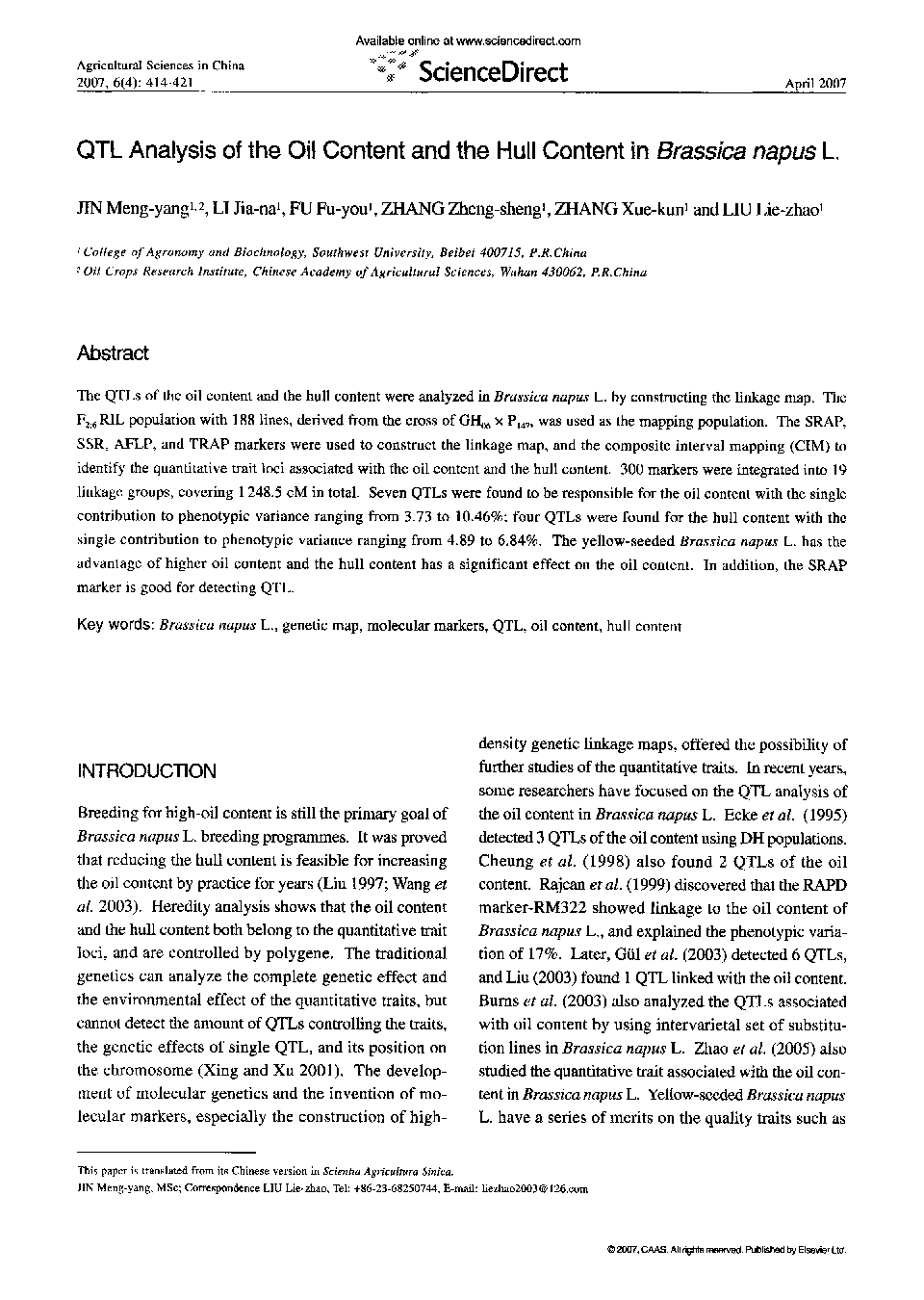 QTL Analysis of the Oil Content and the Hull Content in Brassica napus L. 