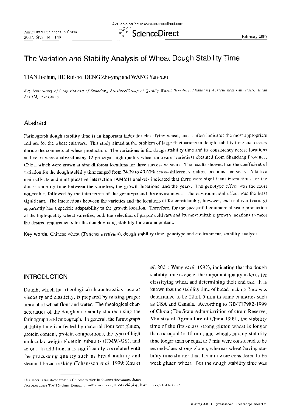 The Variation and Stability Analysis of Wheat Dough Stability Time 