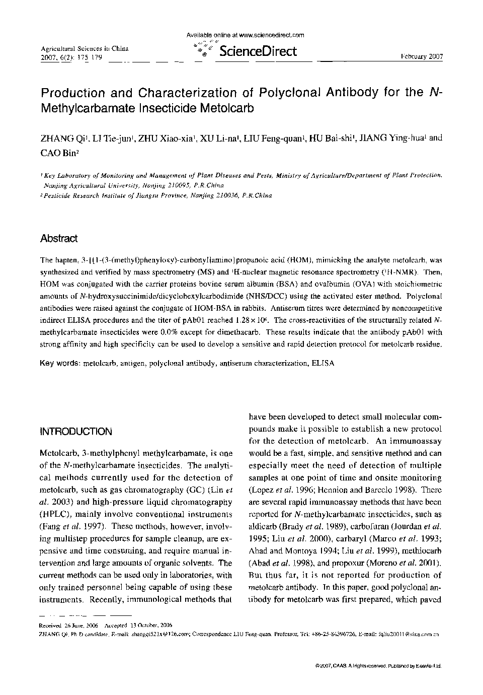 Production and Characterization of Polyclonal Antibody for the N-Methylcarbamate Insecticide Metolcarb