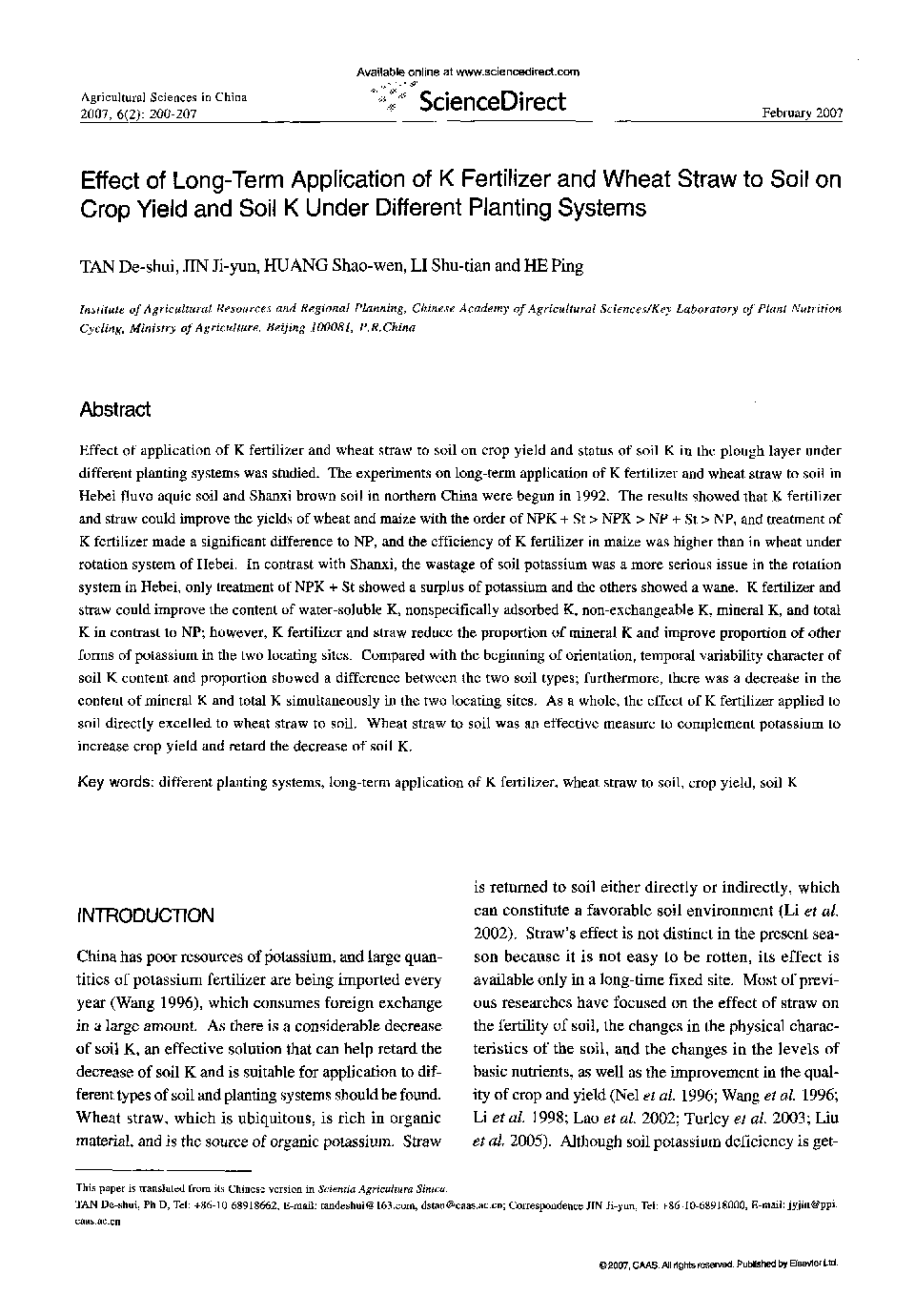 Effect of Long-Term Application of K Fertilizer and Wheat Straw to Soil on Crop Yield and Soil K Under Different Planting Systems 