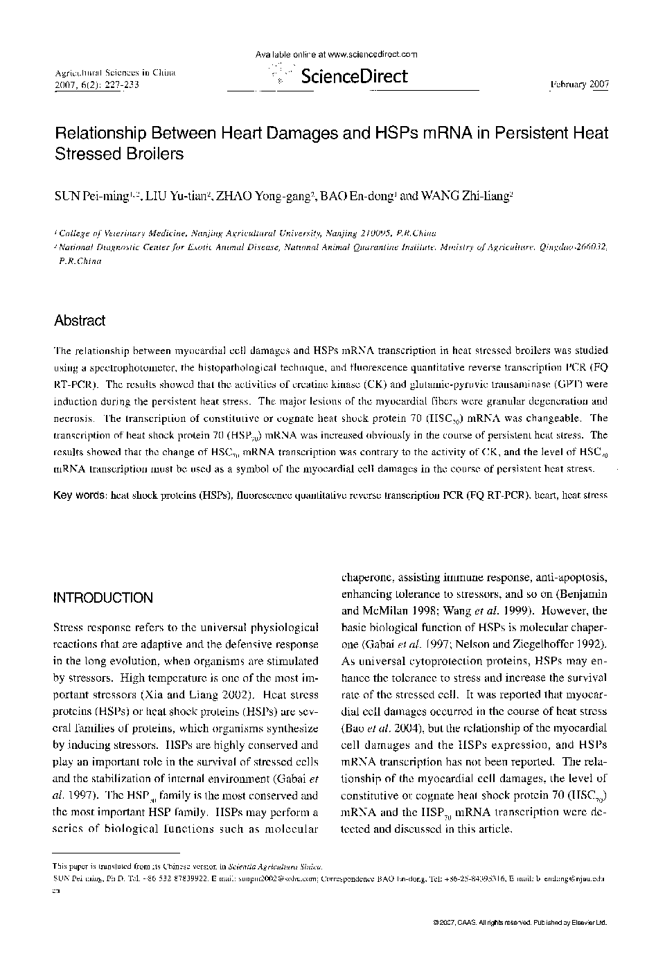 Relationship Between Heart Damages and HSPs mRNA in Persistent Heat Stressed Broilers 