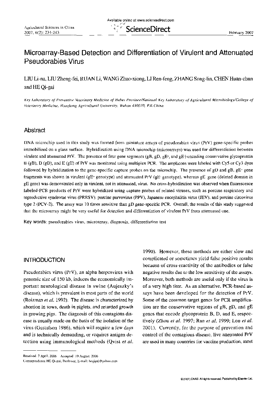 Microarray-Based Detection and Differentiation of Virulent and Attenuated Pseudorabies Virus