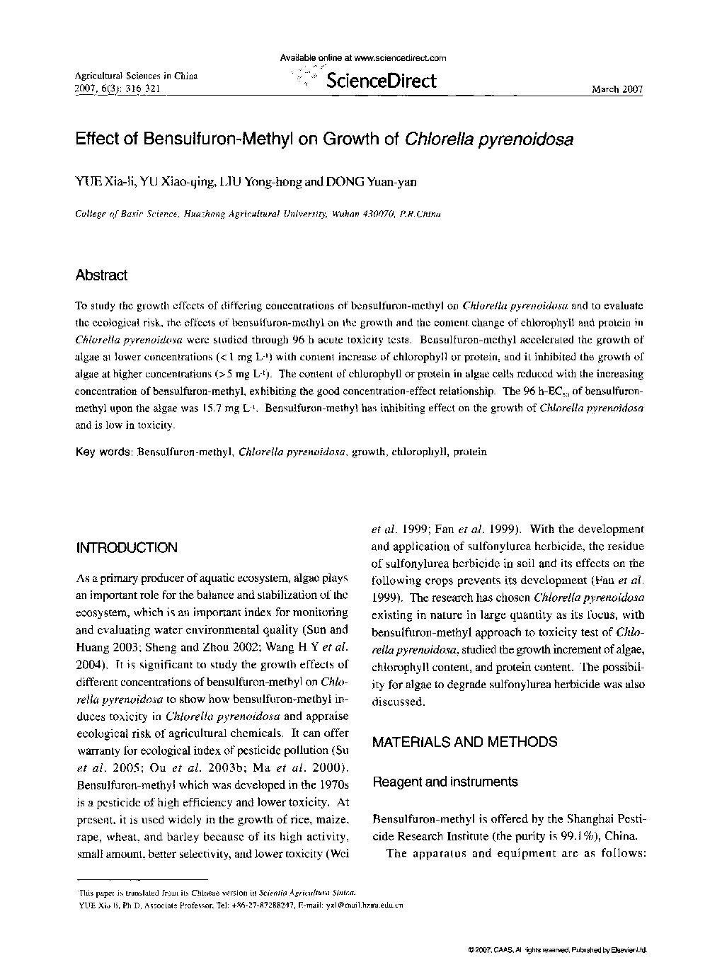 Effect of Bensulfuron-Methyl on Growth of Chlorella pyrenoidosa 