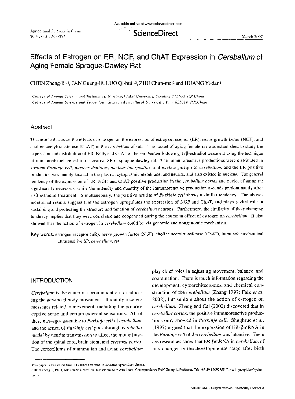 Effects of Estrogen on ER, NGF, and ChAT Expression in Cerebellum of Aging Female Sprague-Dawley Rat 