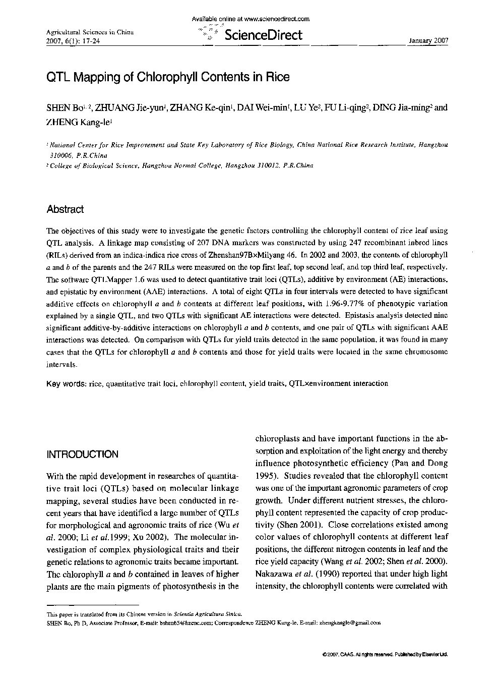 QTL Mapping of Chlorophyll Contents in Rice 